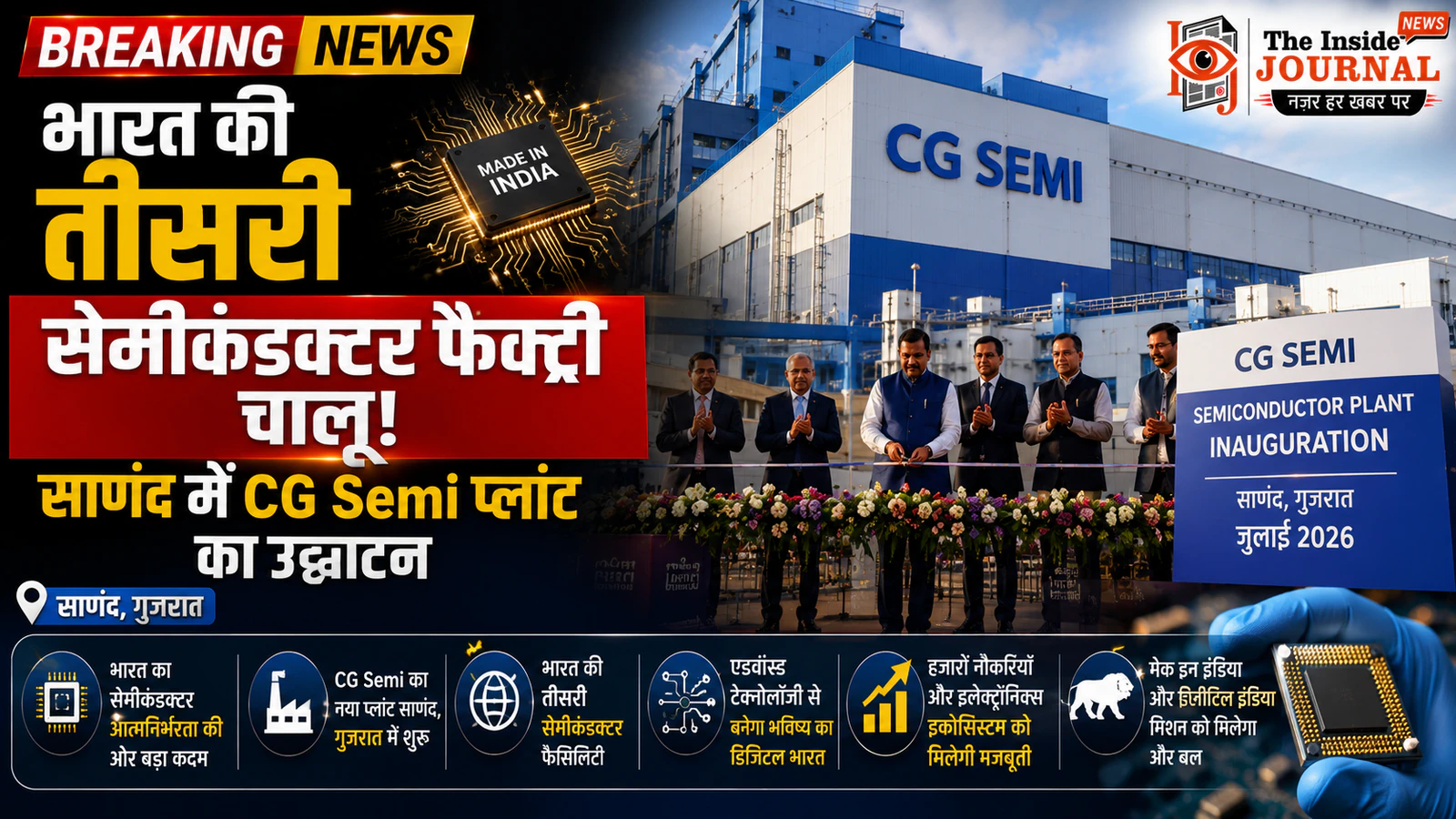 भारत की तीसरी सेमीकंडक्टर फैक्ट्री चालू: साणंद में CG Semi प्लांट का उद्घाटन