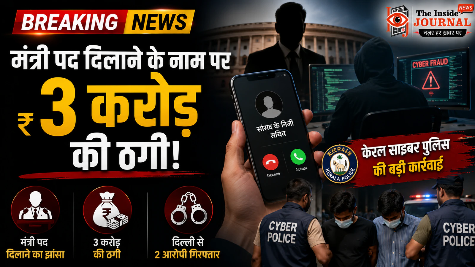 मंत्री पद दिलाने के नाम पर 3 करोड़ की ठगी: केरल साइबर पुलिस ने दिल्ली से दो आरोपी दबोचे, सांसद के निजी सचिव बनकर करते थे बात